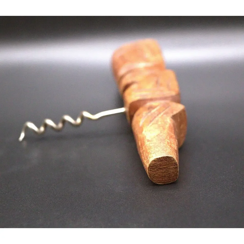 Vintage Tiki Wooden Corkscrew Bottle Opener Hand Carved Barware Polynesian Style
